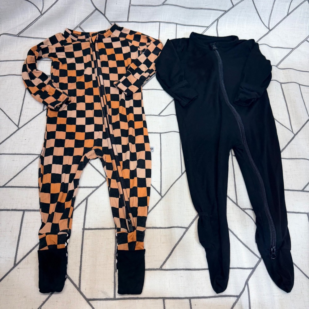 Bums & Roses Guisby Footie Sleepers 3-6 Months Black Orange Checkered Bamboo Set